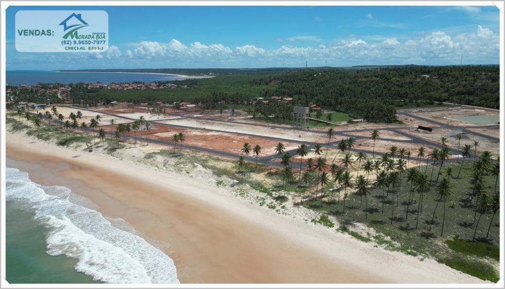 Vista aérea de uma praia em Alagoas, com areia clara, palmeiras e área de terreno em desenvolvimento ao fundo. Céu azul com nuvens.
