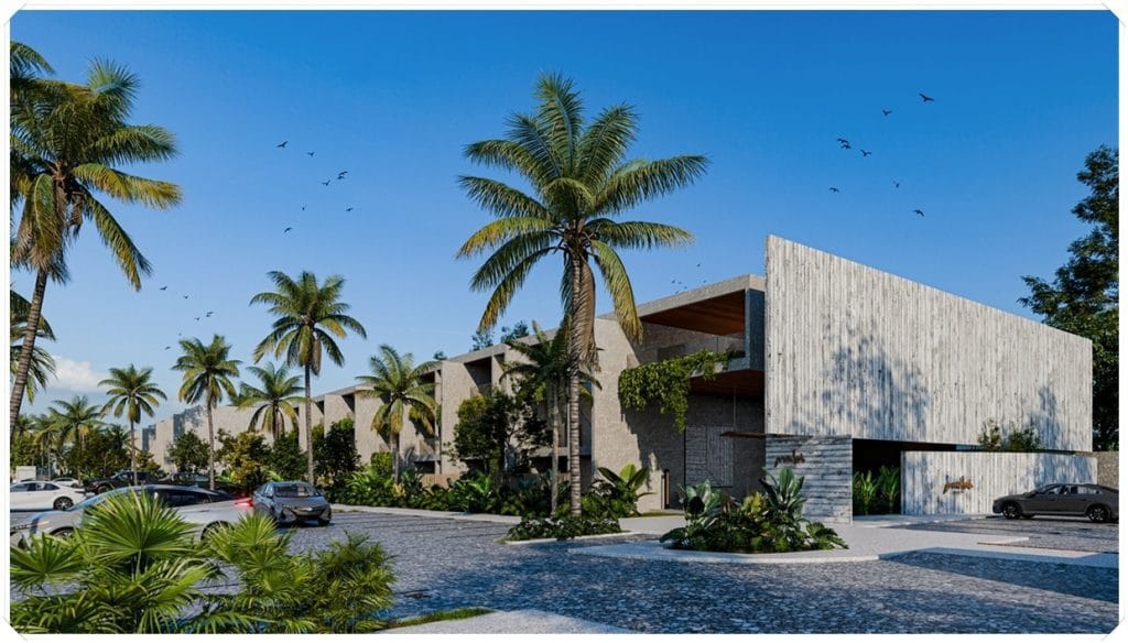 Fachada de projeto residencial moderno com palmeiras, estacionamento e vegetação, em ambiente ensolarado na Praia do Patacho.