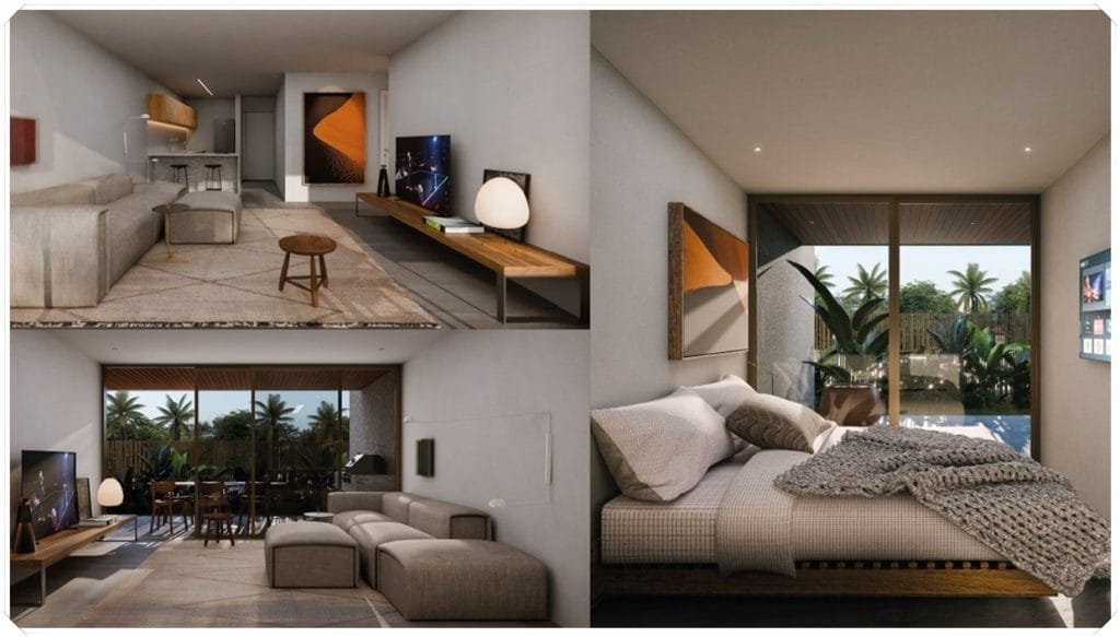 Interior moderno de apartamento com sala e quarto, predominando tons neutros, móveis elegantes e vista para área externa com palmeiras.