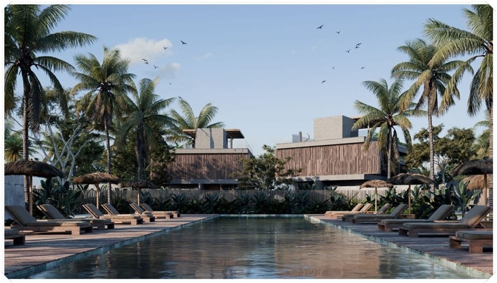 Piscina rodeada por espreguiçadeiras, palmeiras e edifícios modernos ao fundo, sob um céu claro com algumas aves.