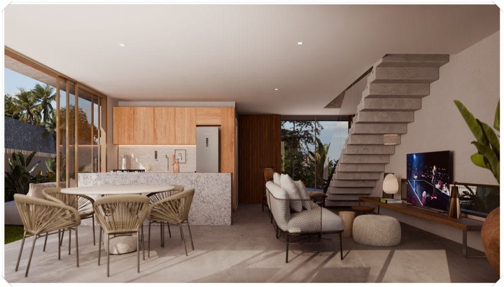 Interior moderno com sala de estar e cozinha integradas, mesa de jantar, escada de concreto e grandes janelas para iluminação natural.