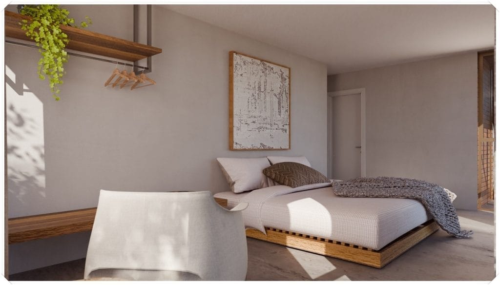 Quarto moderno com cama de madeira, mesa de trabalho e decoração minimalista em tons neutros, com luz natural suave.