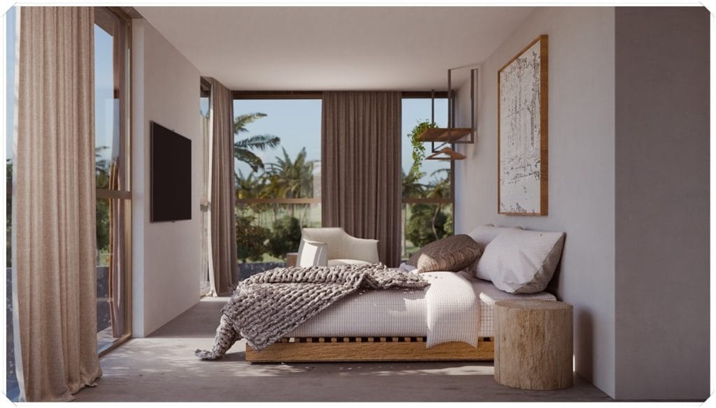 Quarto moderno com cama de madeira, manta cinza e parede clara; grandes janelas com vista para vegetação ao ar livre.