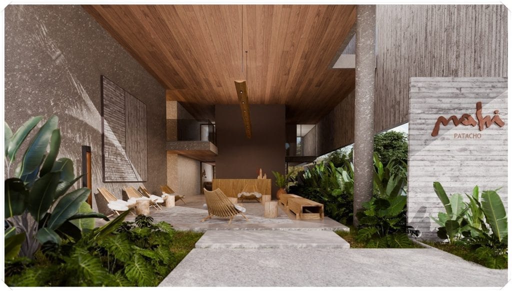 Recepção moderna com paredes de pedra, móveis de madeira clara e plantas tropicais, criando um ambiente acolhedor e arejado.