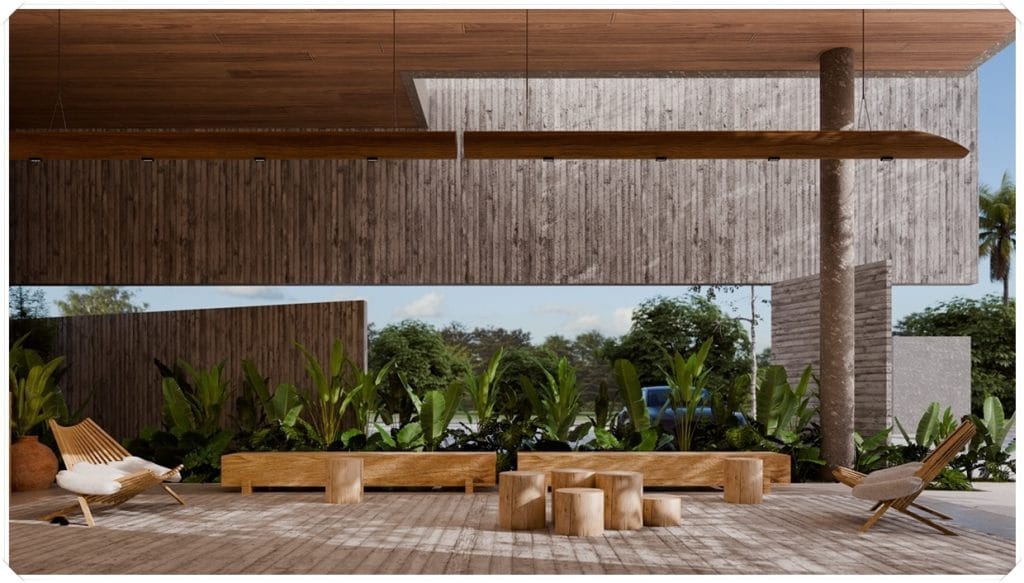Recepção moderna com paredes de madeira, mobiliário em tons claros e vegetação tropical ao fundo, criando um ambiente acolhedor.