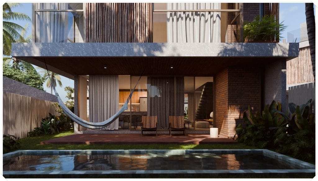 Ambiente externo de uma casa moderna com piscina, cadeira de balanço e rede, cercado por vegetação e palm trees, iluminação suave.