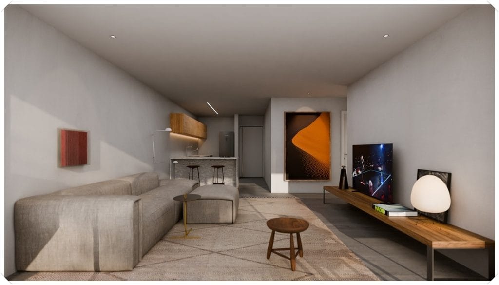 Sala de estar moderna com sofá cinza, mesa de centro, TV em móvel de madeira, e elementos decorativos em tons neutros.