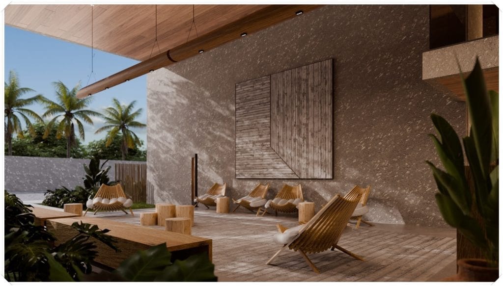 Espaço de recepção moderno, com cadeiras de madeira e mesa, paredes texturizadas, palmeiras ao fundo e luz natural.