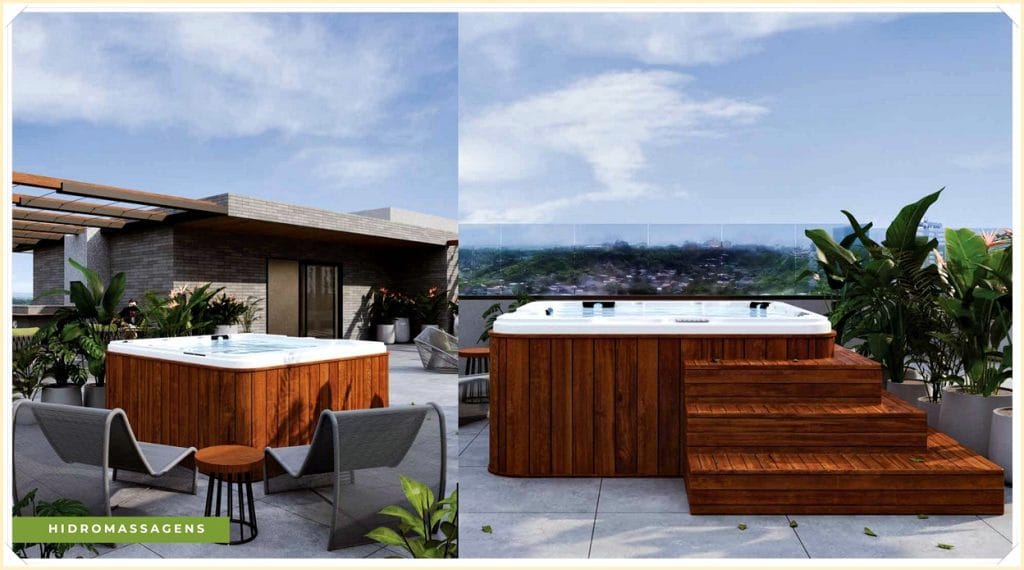 Spa de hidromassagem em um terraço, cercado por plantas, com vista ampla e céu azul. Mobiliário em tons de madeira clara e cinza.
