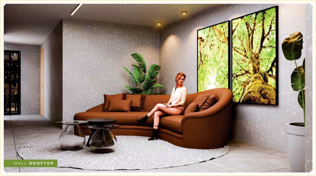 Sala de estar moderna com sofá marrom, mesa de centro de vidro e parede decorada com quadros de natureza. Planta em destaque.