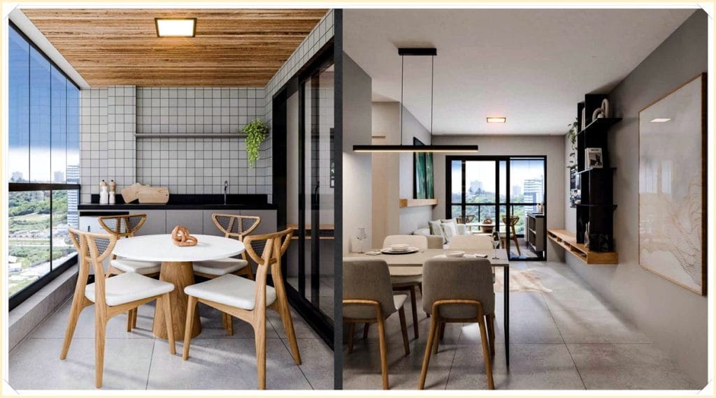 Ambiente moderno com cozinha integrada e área de jantar, mesas claras, paredes neutras e vista panorâmica pela janela.