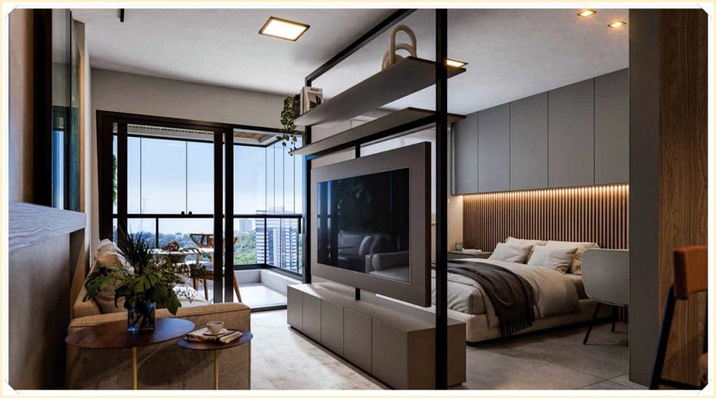 Sala moderna com sofá, mesa de café e estante decorativa. Cama aconchegante ao fundo com iluminação suave e varandinha ao fundo.