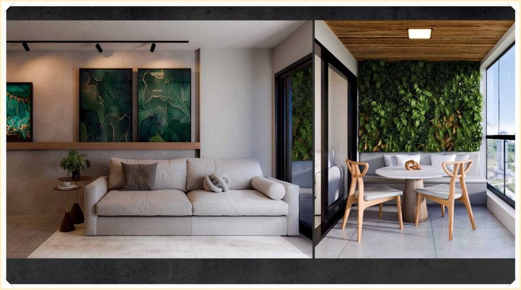 Sala de estar moderna com sofá claro, quadros verdes na parede, e varanda com detalhes em madeira e mesa circular. Plantas decorativas.