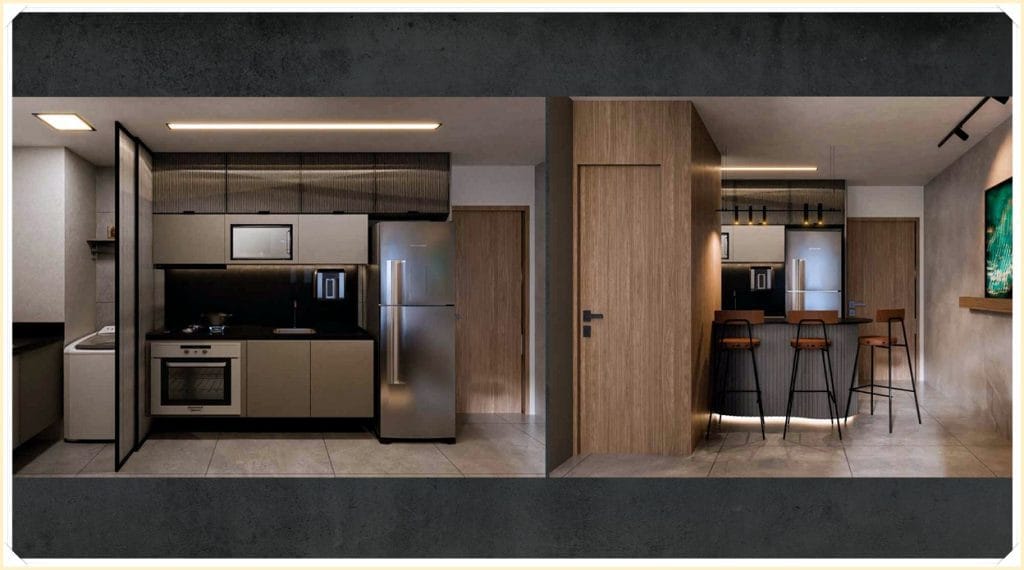 Cozinha moderna em tons de cinza e madeira, equipada com eletrodomésticos inox, bancada com cadeiras altas e iluminação suave.