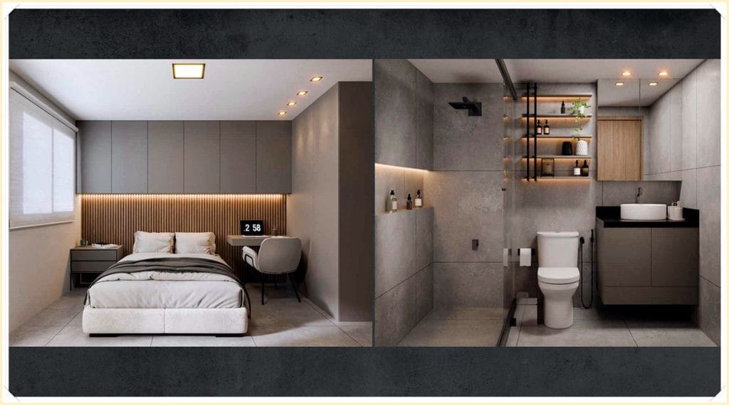Quarto moderno com cama em tons neutros, mesa de cabeceira, e banheiro elegante com ducha e detalhes em madeira.