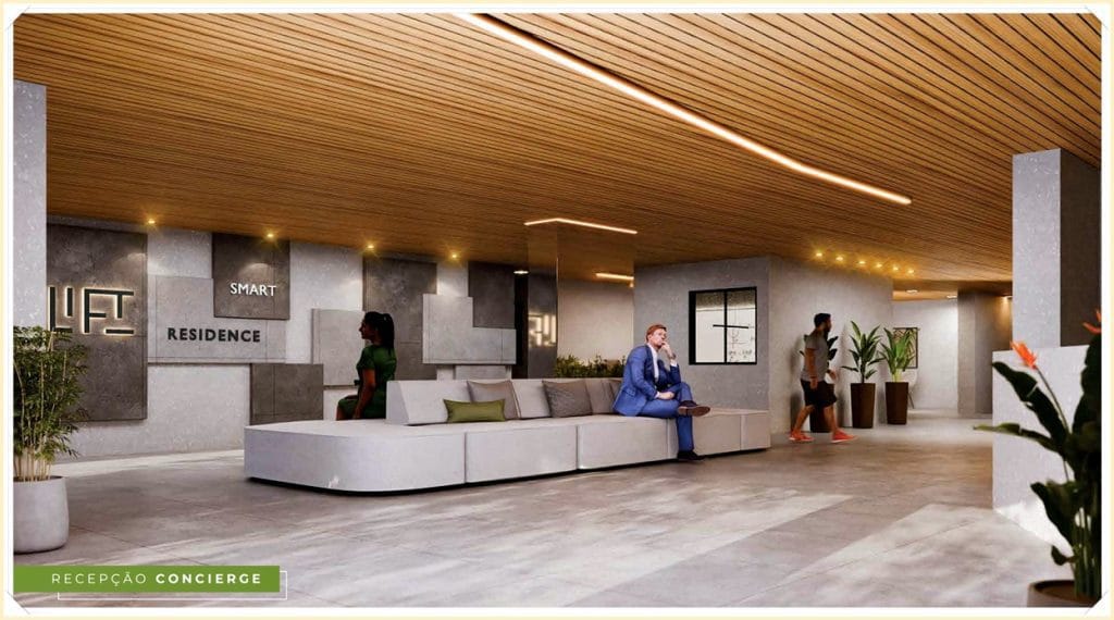 Recepção moderna com sofá amplo, iluminação suave e plantas, destacando uma interação entre moradores em ambiente acolhedor.