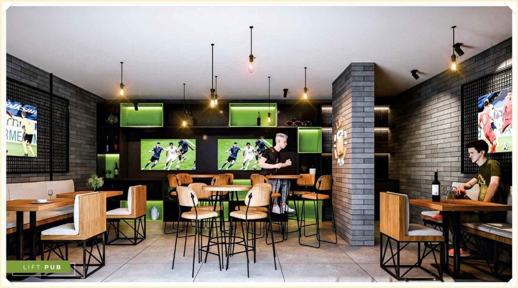 Ambiente moderno de pub, com mesas de madeira, cadeiras confortáveis e screens de TV mostrando esportes, iluminação aconchegante.