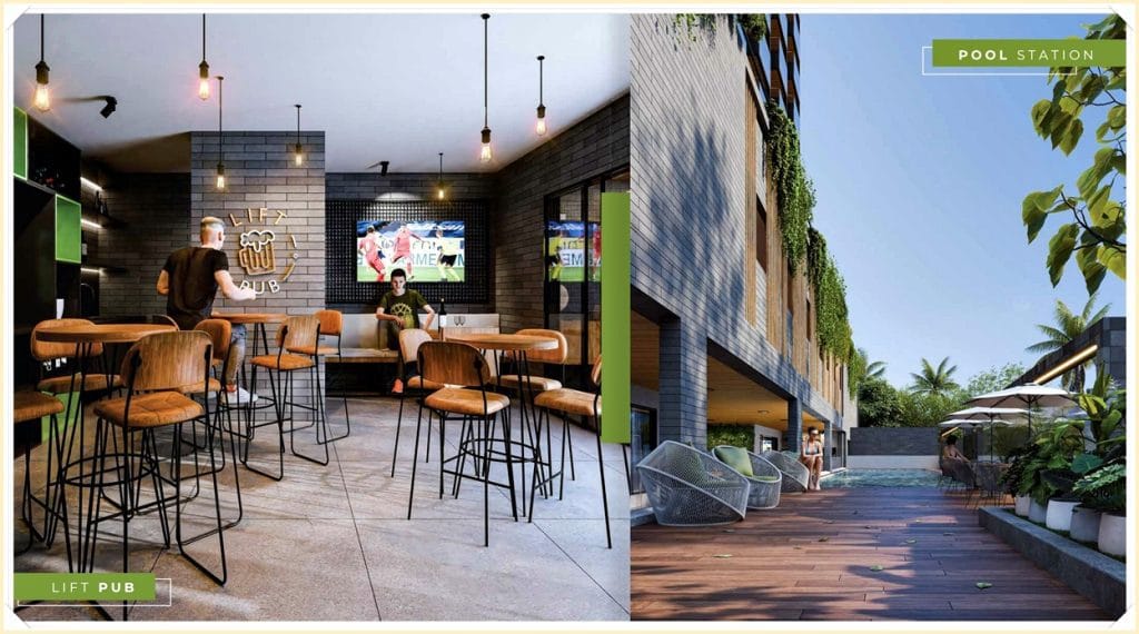 Interior moderno do Lift Pub com mesas e cadeiras, TV na parede. À direita, área externa com piscina e espaço para relaxar.
