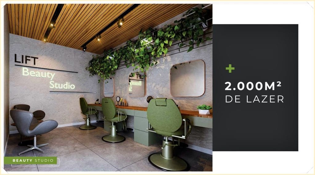 Interior de um beauty studio moderno com cadeiras verdes, espelhos e decoração com plantas, ressaltando um ambiente aconchegante e convidativo.