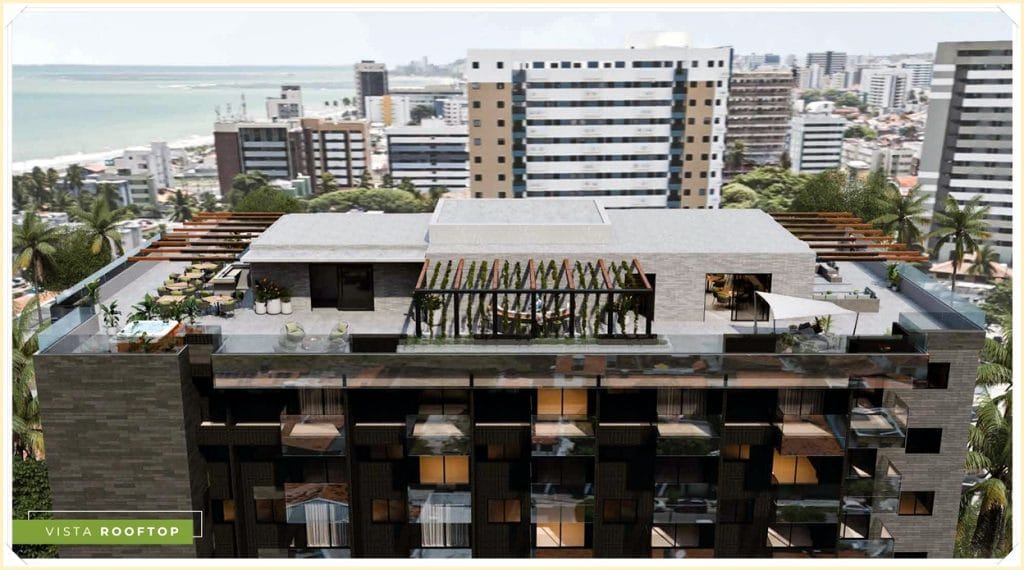 Vista do rooftop de um edifício, com áreas de lazer e vegetação, ao fundo, cidade com prédios e praia em Maceió.