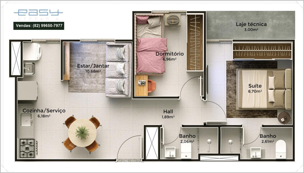 Planta baixa de apartamento, incluindo cozinha, sala/jantar, dormitório, suíte, banheiros e áreas comuns, com dimensões indicadas.