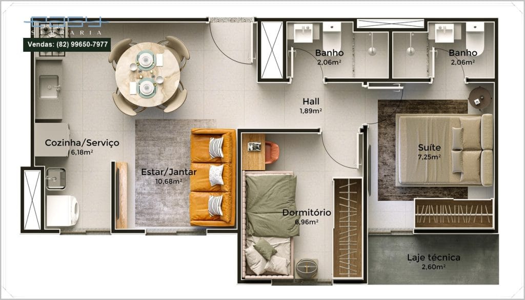 Planta baixa de imóvel, mostrando sala, cozinha, dois banheiros, suíte e dormitório, com móveis modernos e layout funcional.