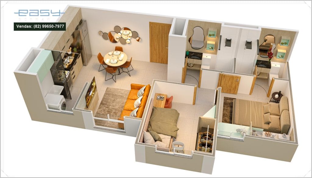 Planta baixa de apartamento com móveis em tons neutros, área de estar aconchegante, sala de jantar iluminada e espaços funcionais.
