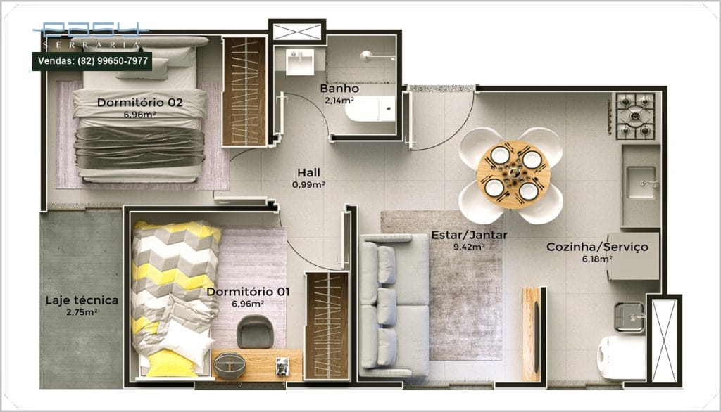 Planta baixa de apartamento com dois dormitórios, banheiro, sala de estar/jantar e cozinha; decoração moderna e tonalidades neutras.