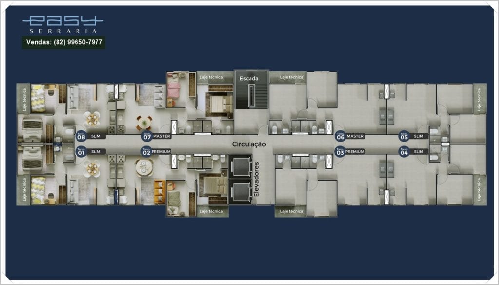 Layout detalhado de um apartamento no Easy Serraria, destacando áreas como circulação, quartos e sala, com cores neutras e design moderno.
