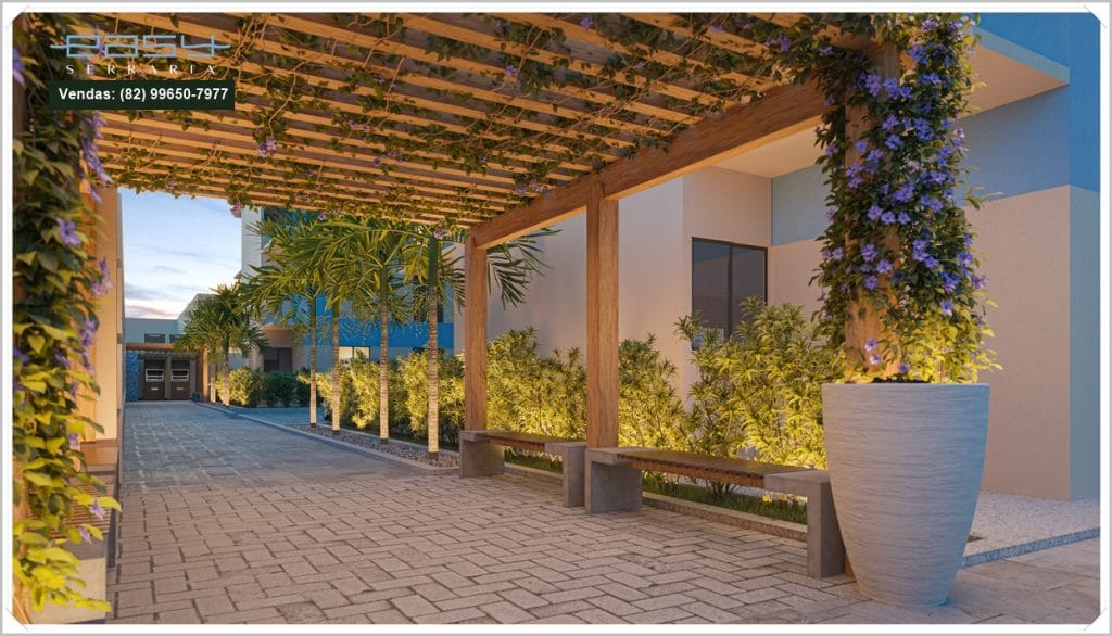 Passagem externa com pergolado de madeira, plantas trepadeiras e iluminação suave, criando um ambiente acolhedor e moderno.