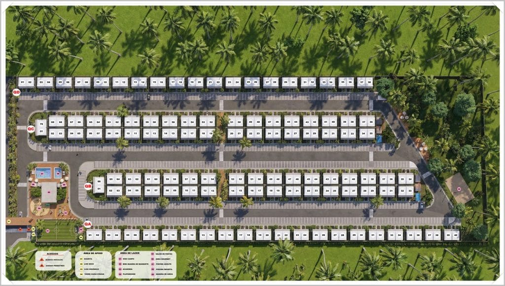 Planta baixa do Residencial Barcelos, com casas dispostas em sequência, área verde e piscina na entrada, cercado por palmeiras.