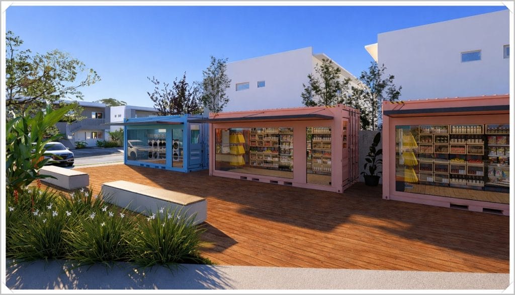 Casas modernas em Maceió com lojas coloridas em contêineres, rodeadas por vegetação e uma calçada de madeira iluminada pelo sol.