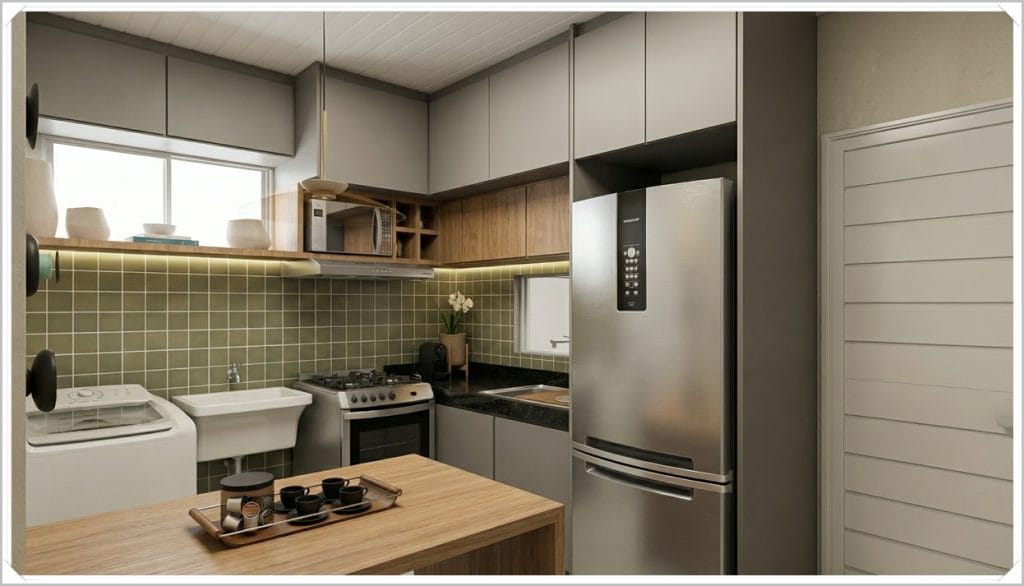 Cozinha moderna com armários cinza, eletrodomésticos inox, bancada de madeira e azulejos verdes, iluminada por luz suave.