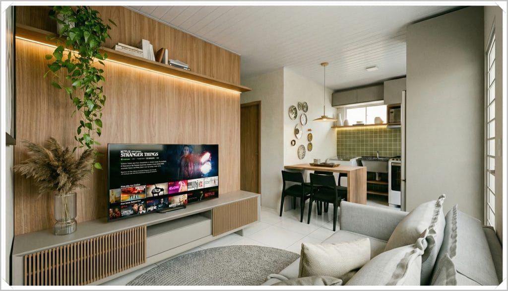 Sala de estar moderna com sofá cinza, TV grande, mesa de jantar de madeira e cozinha integrada em tons neutros e verdes.