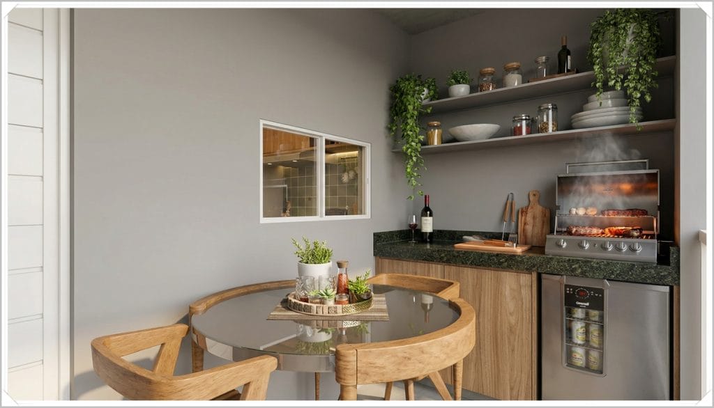 Cozinha moderna com mesa redonda, paredes cinzas, prateleiras com plantas e utensílios, e churrasqueira com carnes grelhando.