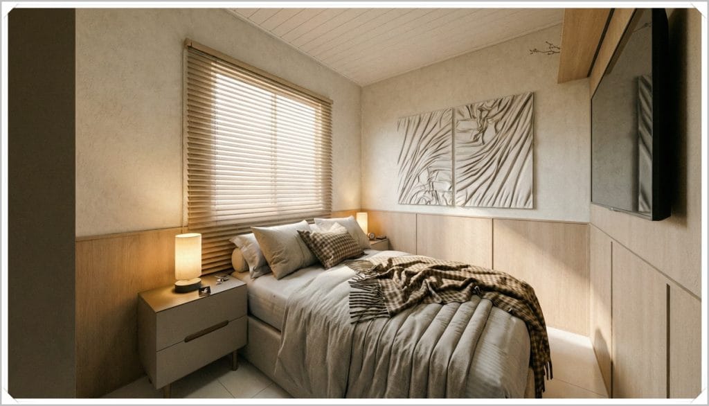 Quarto aconchegante com cama de casal, cabeceira estofada, luminárias ao lado, parede clara e janelas com persianas.