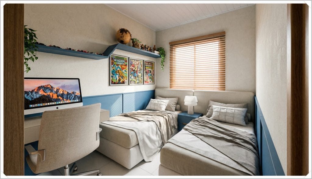 Quarto residencial com duas camas individuais, mesa de trabalho e decoração colorida. Janelas com persianas e plantas.