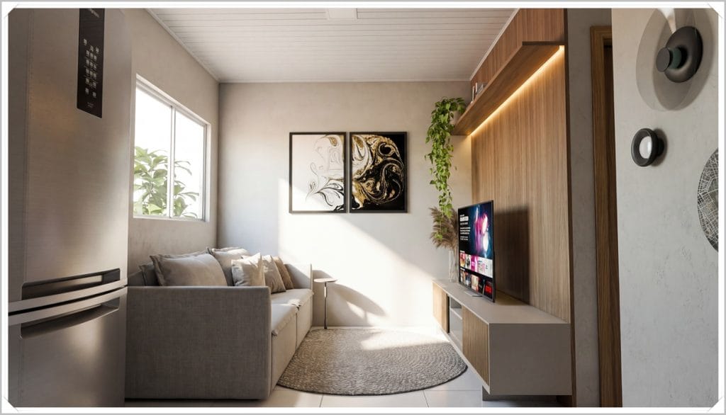 Sala de estar com sofá claro, quadros decorativos, planta e TV em um ambiente moderno e iluminado. Detalhes em madeira e elementos neutros.