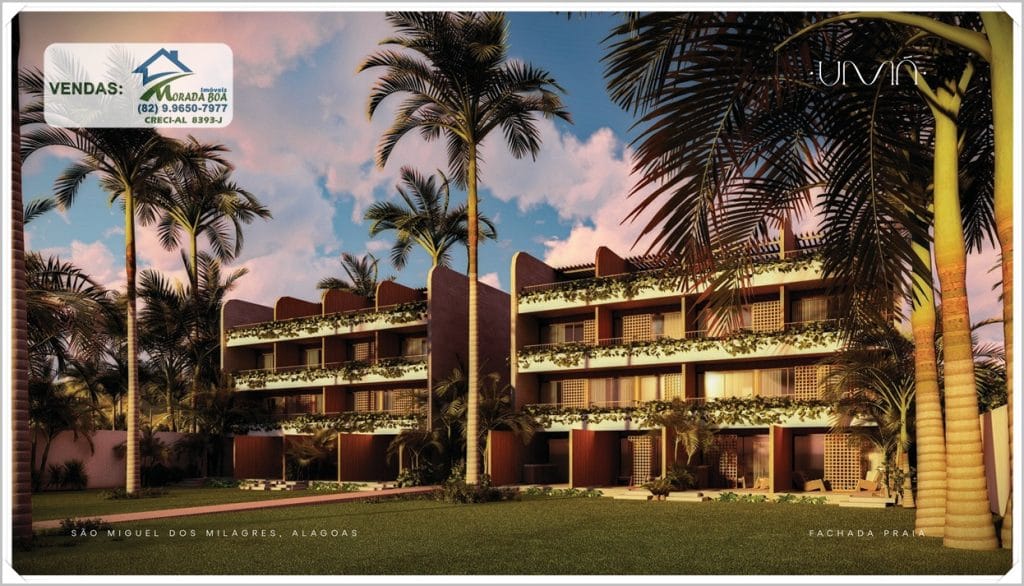 Fachada de edifício residencial em São Miguel dos Milagres, cercado por palmeiras e com varandas floridas em tom terroso.