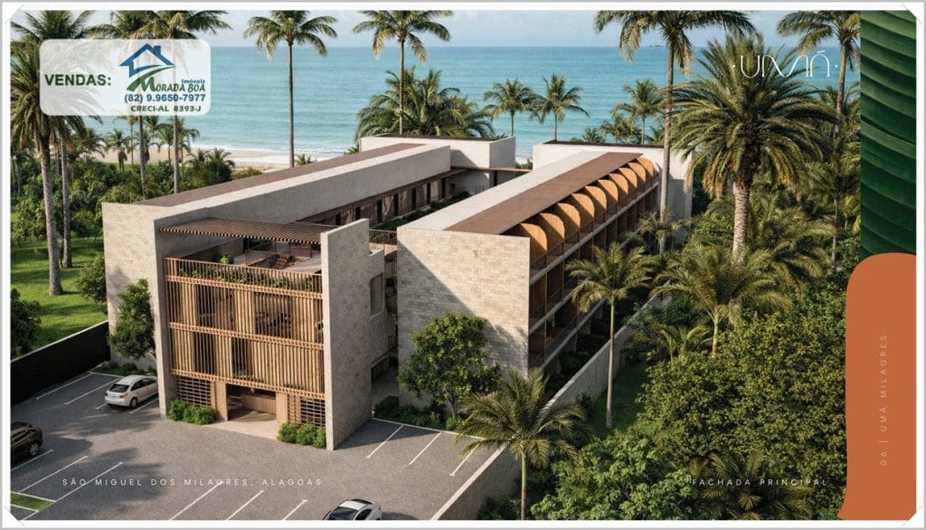 Edifício moderno com fachadas em tons neutros, cercado por palmeiras, vista para o mar em São Miguel dos Milagres, Alagoas.
