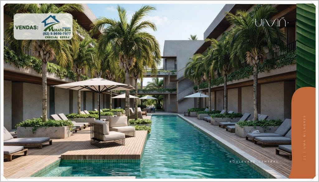 Piscina rodeada por espreguiçadeiras e palmeiras, com arquitetura moderna e tons neutros, criando um ambiente relaxante e luxuoso.