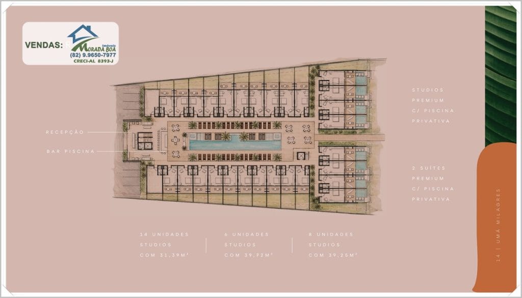 Planta baixa de um projeto residencial com áreas de lazer, incluindo piscina, áreas verdes e disposição de unidades. Cores suaves predominantes.