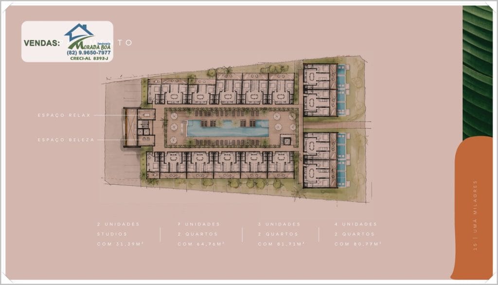 Planta do empreendimento com unidades residenciais, piscina central e áreas de lazer, em tons neutros e layout organizado.
