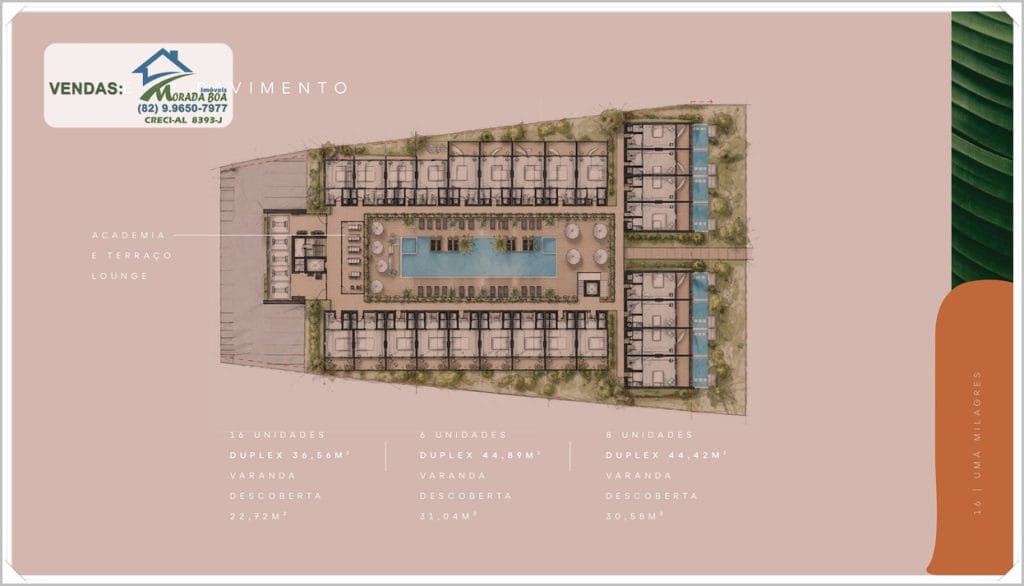 Planta do condomínio, destacando unidades duplex com varandas, piscina central e áreas de lazer em tons pastel.