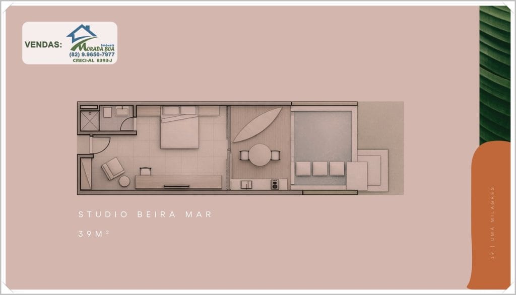 Planta baixa de um estúdio à beira-mar de 39 m², com área de estar e varanda, em cores suaves e layout moderno.