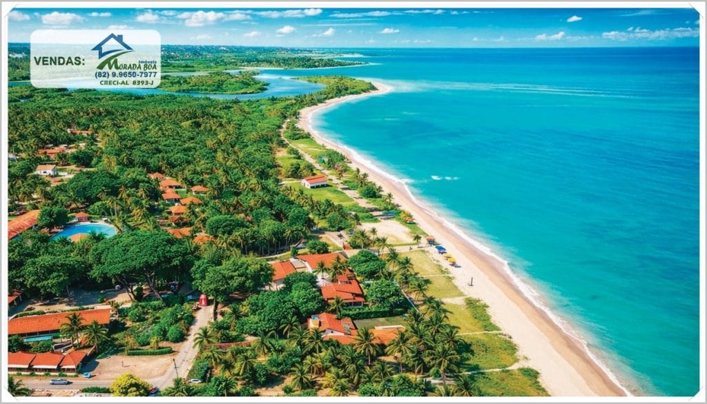 Vista aérea de São Miguel dos Milagres, mostrando a costa, praias de areia clara, vegetação verde e áreas residenciais ao longo do litoral.