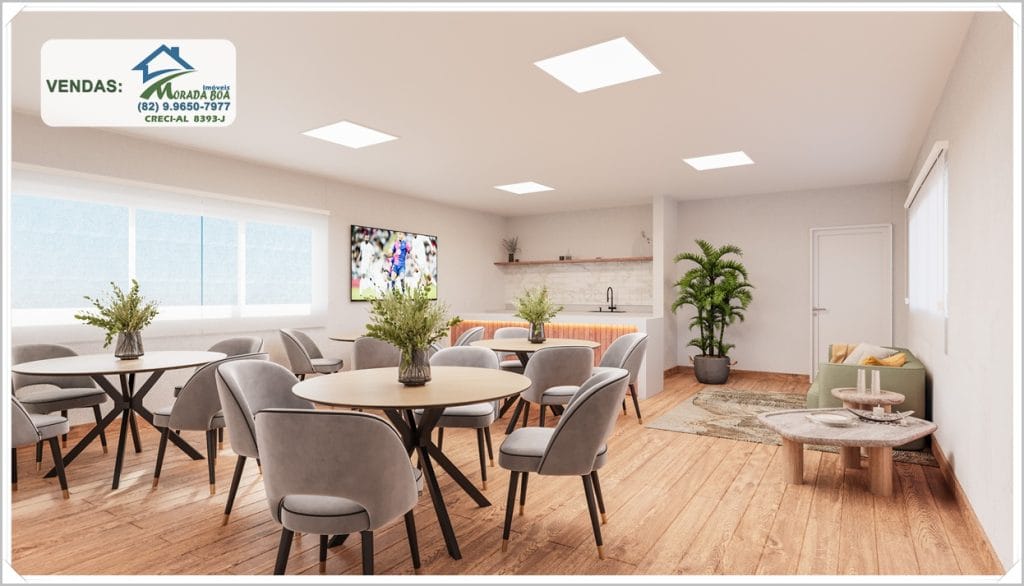 Ambiente interno moderno com mesas redondas, cadeiras confortáveis e decoração minimalista. Sofá e plantas decorativas ao fundo.