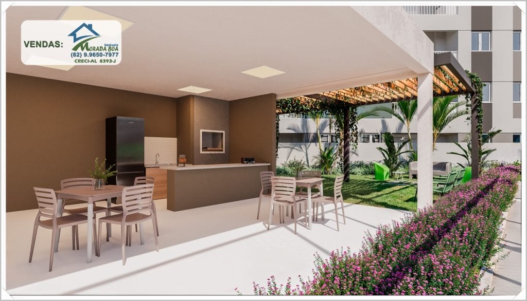 Espaço gourmet com churrasqueira, mesas e cadeiras, cercado por grama e plantas, em ambiente moderno e arejado.