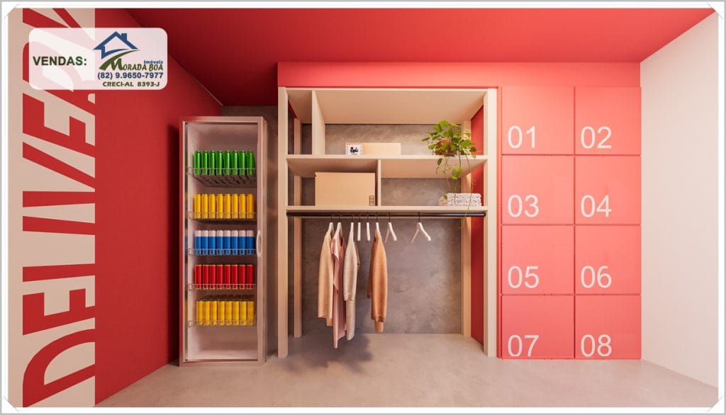 Espaço interno com armário moderno, prateleiras coloridas e paredões vermelhos numerados, criando uma estética vibrante e funcional.