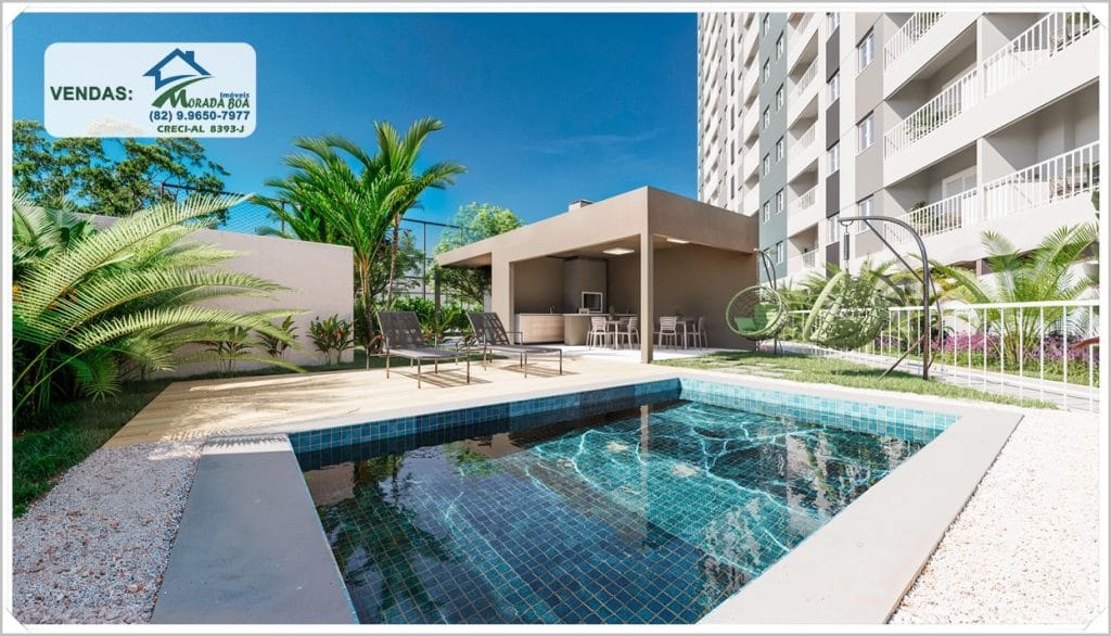 Espaço gourmet com piscina, espreguiçadeiras e área verde cercada por plantas em um condomínio moderno.